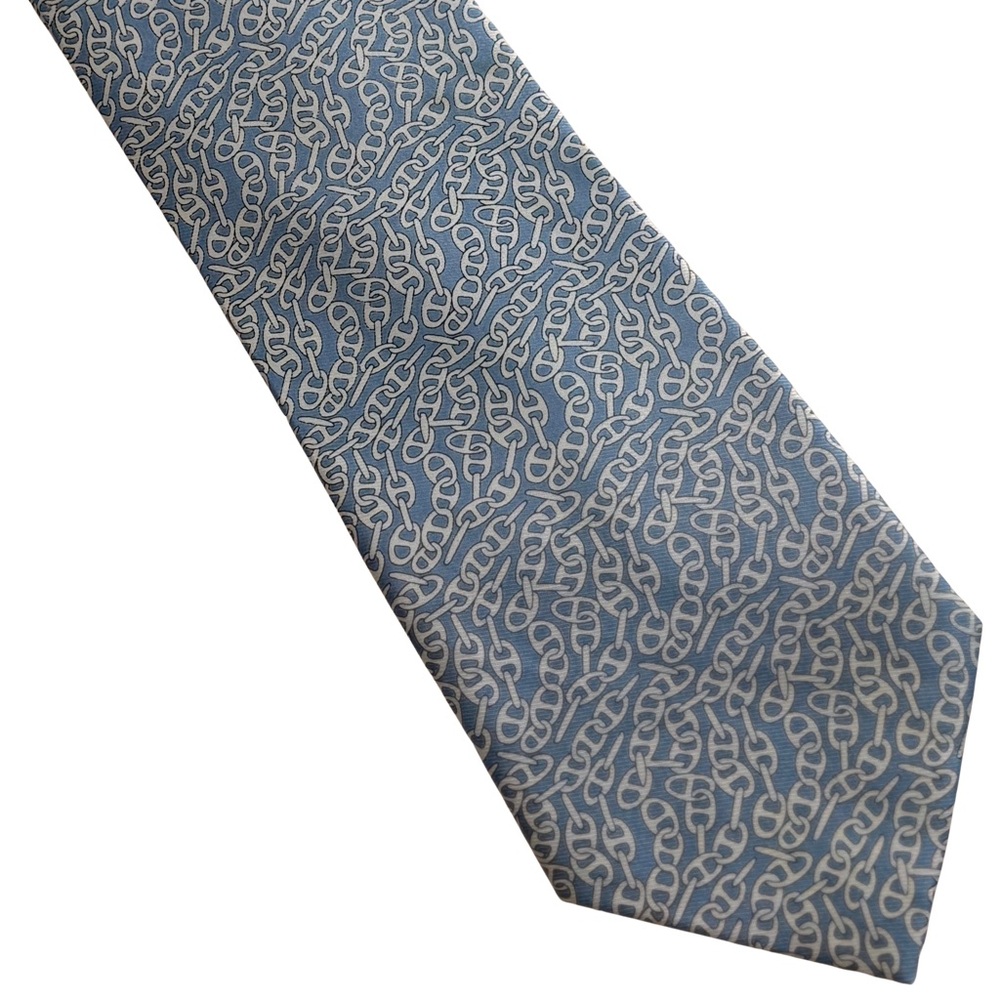 Authentic Hermes Men’s Silk Tie. Blue Ocean. Hermes Chain.